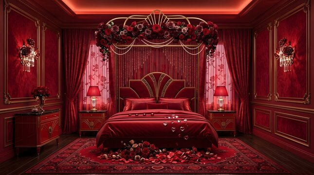 Luxurious red bedroom interior with roses with featuring velvet furniture scattered rose petals furniture gold trim