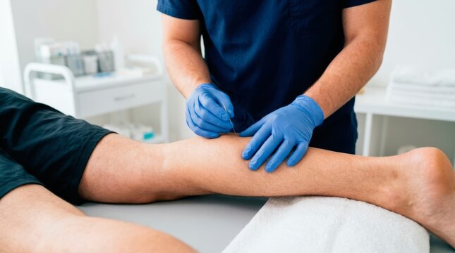 Doctor placing an acupuncture needle near a patient&rsquo;s knee to relieve pain, stimulate circulation, and support joint rehabilitation.