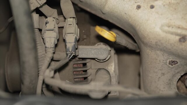 A close up of a dusty car alternator with wiring connectors.