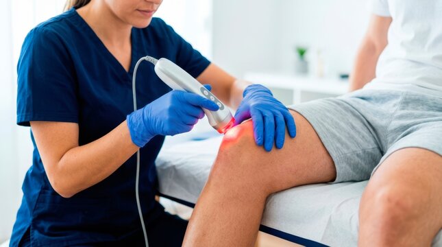 Therapist applying low-level laser therapy to a patient&rsquo;s knee to reduce joint pain, ease inflammation, and stimulate tissue healing.