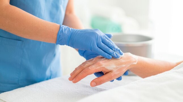 Medical professional applying warm paraffin wax to a patient&rsquo;s hand to ease joint stiffness, moisturize skin, and support rehabilitation.