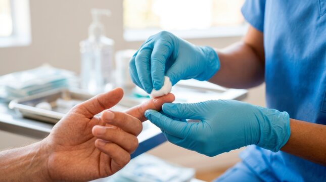 Healthcare worker cleaning and dressing a patient&rsquo;s injured finger with sterile gauze to prevent infection and support wound healing.