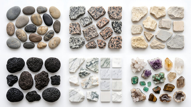 Diverse collection of natural stones minerals crystals and rocks isolated on a white background