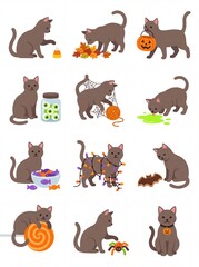 Fototapeta premium Cute halloween cat collection with festive spooky autumn elements