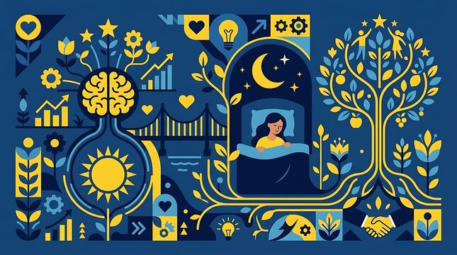 Person sleeping under moon with brain growth and nature symbols