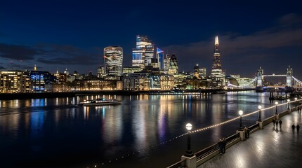 Fototapeta premium Illuminated London skyline at night featuring the River Thames and Tower Bridge.