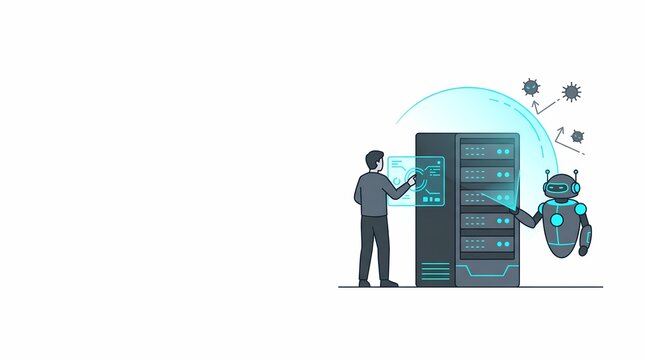 Cybersecurity and IT infrastructure concept showing a man and a robot protecting a server rack with a digital shield in a flat design graphic featuring massive left copy space.
