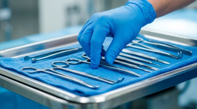 Nurse arranging sterilized surgical instruments on a metal tray before a medical procedure in a clinical treatment room.