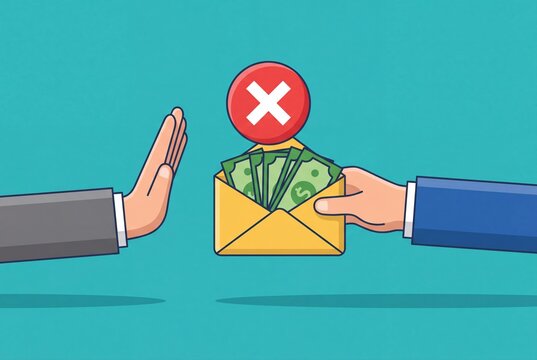 Hand rejecting a bribe or money in an envelope, business ethics and anti-corruption concept.