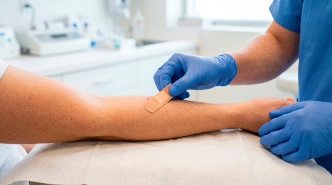 Healthcare worker applying a small adhesive bandage to a patient&rsquo;s forearm after an injection or minor medical procedure.