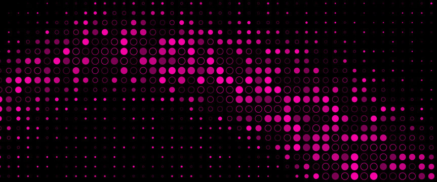 Abstract magenta pink halftone circle pattern background, dark dotted wave matrix gradient design, modern tech banner vector illustration