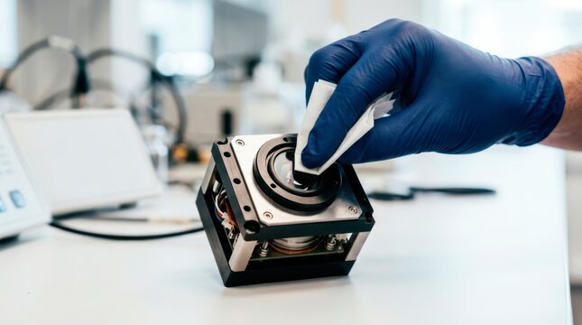 Laboratory technician cleaning an optical lens in a precision medical instrument to remove contamination and ensure accurate diagnostic performance.