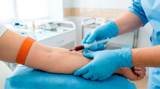 Medical worker drawing blood from a patient&rsquo;s arm with a sterile needle for laboratory testing and diagnostic analysis.