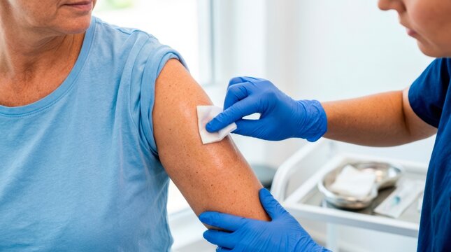 Medical practitioner disinfecting a senior patient&rsquo;s upper arm with an antiseptic pad before administering an injection.