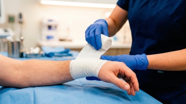 Nurse wrapping a supportive bandage around a patient&rsquo;s wrist to stabilize the joint and protect the injured area during recovery.
