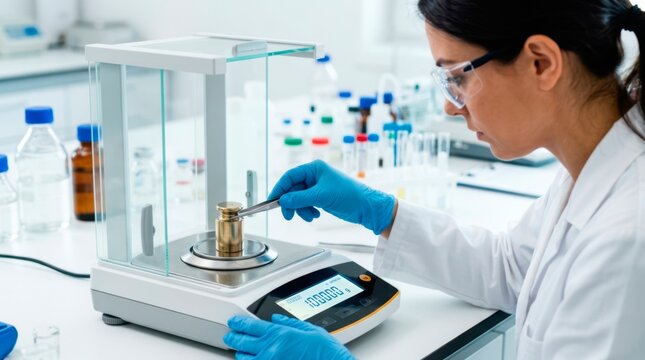 Medical scientist calibrating a digital laboratory balance with a standard weight to ensure precise sample measurement and reliable research results.