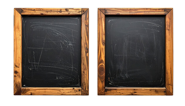 Two rectangular, wooden-framed blackboards sit side-by-side, each showing chalk marks and residue. The wood frames have a warm, natural tone