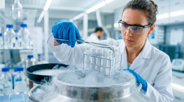 Medical researcher retrieving frozen sample vials from a cryogenic storage vessel for controlled laboratory analysis and biomedical testing.