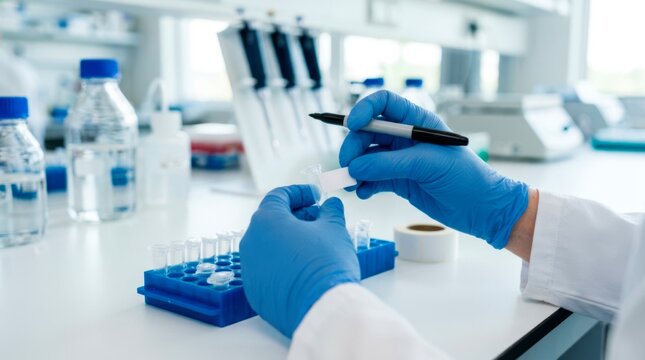 Laboratory worker labeling a sample vial with a marker to ensure accurate identification, tracking, and organization during medical testing.