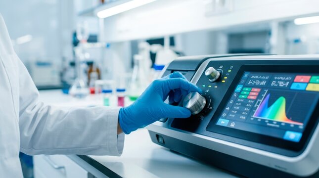Researcher adjusting a digital spectrophotometer to measure sample absorbance and analyze optical data during a laboratory experiment.