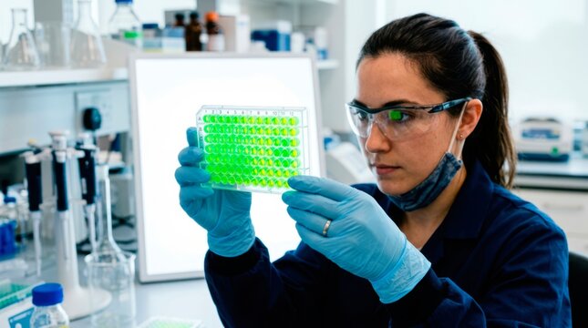 Laboratory technician inspecting a multiwell plate with fluorescent samples during a biomedical assay and diagnostic testing workflow.