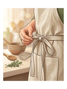 Person tying a linen apron in the kitchen for cooking