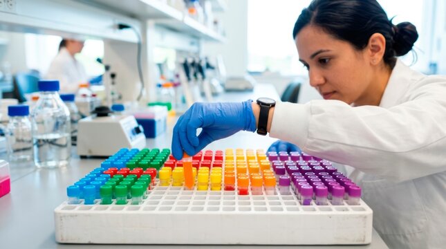 Scientist sorting color-coded cryovials in laboratory racks to organize biomedical samples for accurate identification, storage, and analysis.