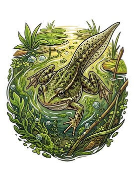 Green frog tadpole with legs swimming in a pond environment
