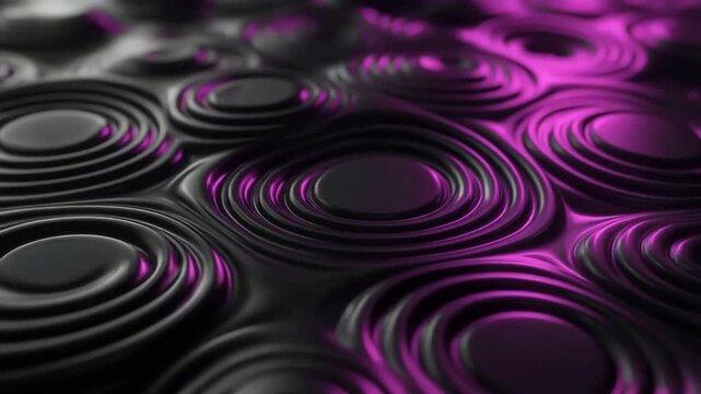 Dark metallic ripples showcasing neon purple and pink lighting across concentric circular patterns for an immersive digital abstract background texture.