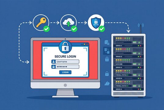 Secure login interface on computer monitor with server and data protection icons