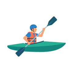 Green kayak blue helmet orange vest person paddle athletic water sport exercise.