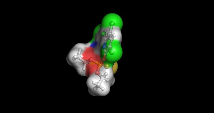 Chlorpyrifos, broad-spectrum organophosphate insecticide and agricultural chemical used for pest control, 3D molecule spinning, 4K