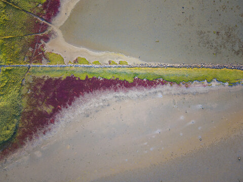 Aerial view of the coastal landscape of Sando with vibrant red and green marsh vegetation, sandy tidal flats, and a stone causeway in Vallda, Hallands lan, Sweden.