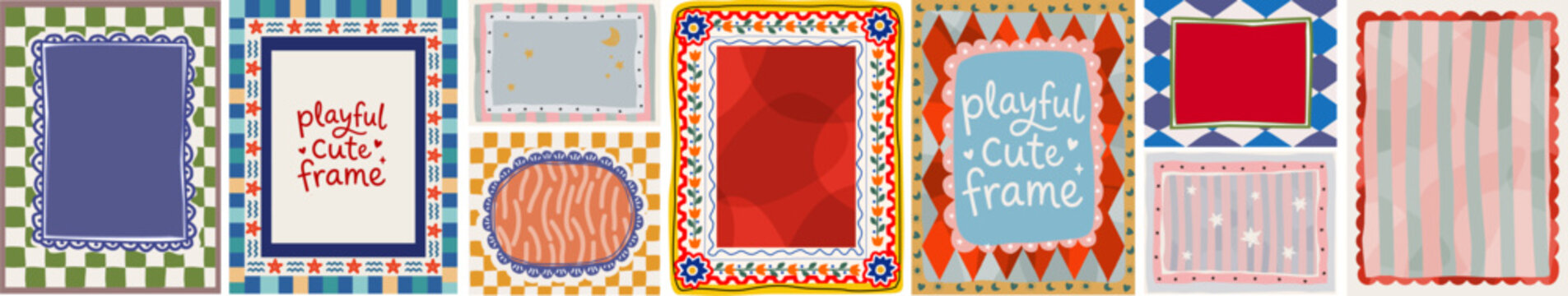 Playful cute frames. Vector illustrations hand drawn borders, checkered pattern, background and blank templates for kids card, scrapbook, nursery decor and invitation