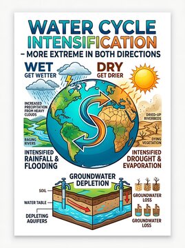 Water cycle intensification infographic explaining climate change