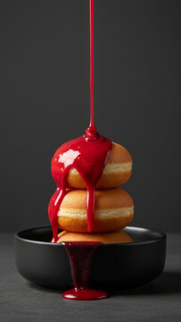 Red strawberry syrup pouring over stacked donuts in black bowl on dark background