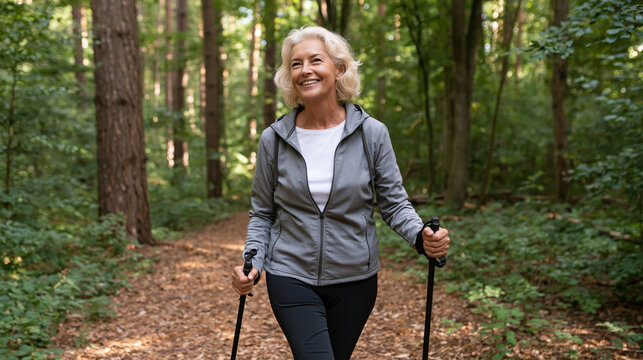 Happy senior woman using trekking poles while Nordic walking along a beautiful nature trail, active retirement, cardiovascular health, mobility, balance, endurance, healthy aging,