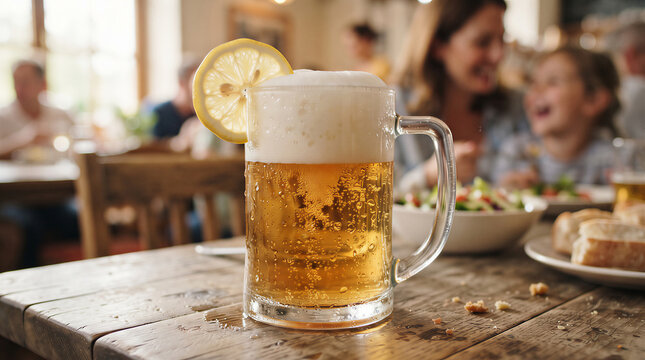 Fresh beer served in a glass mug with lemon at a lively Oktoberfest gathering. Traditional celebration drink, cheerful friends, German pub dining, and festive social occasion.