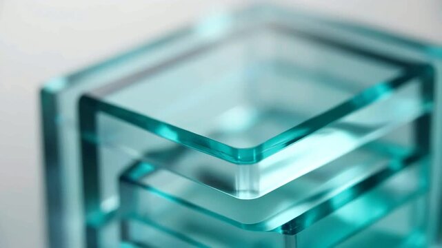 Glass cubes stacked together with layered green edges showcase a modern geometric structure under soft studio lighting with a shallow depth of field.