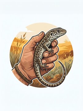 Human hand holding a spotted wild lizard in nature illustration