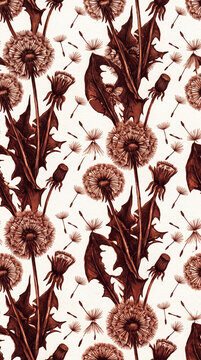 An authentic botanical intaglio printmaking seamless wallpaper pattern presenting detailed dandelion seed heads, fluffy puffs, sharp serrated leaves, and floating seeds in a vintage engraved sepia sty
