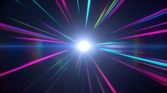 Speed lines in vibrant neon pink and cyan burst outward from a central bright light source on a dark cosmic background representing hyperdrive travel.