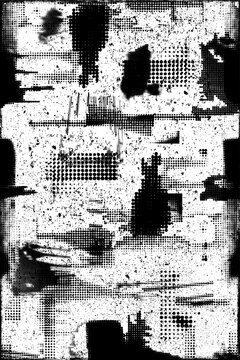 Glitch distorted grungy overlay grange texture. Textured and glitched technology background. Screen print effect .Vector overlay background with a halftone dots screen print texture.
