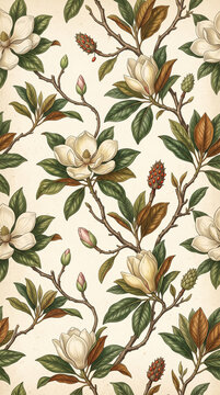 Sophisticated vintage botanical wallpaper featuring antique scientific illustrations of Magnolia grandiflora white blossoms, glossy green leaves, brown woody branches, and textured seed pods on a clas