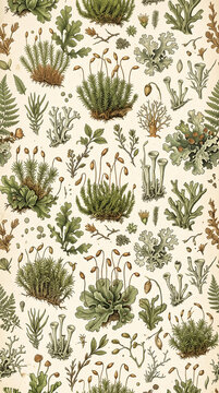 Sophisticated vintage botanical wallpaper featuring richly detailed scientific illustrations of woodland mosses, green lichens, tiny spore capsules, delicate ferns, and earthy textures on an aged crea