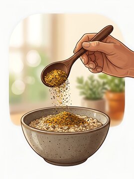 Hand pouring healthy seeds from a wooden spoon into an oatmeal bowl