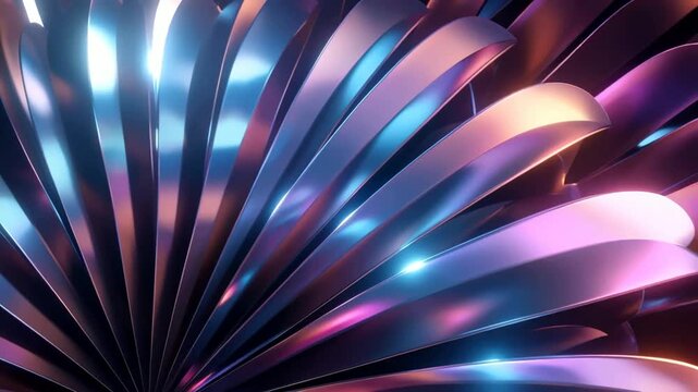 Metallic abstract petals glow with vibrant purple and cyan light, creating a futuristic dynamic floral pattern ideal for modern digital background designs.