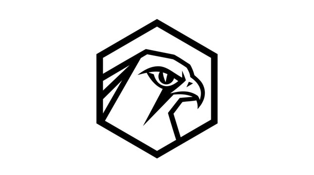 Minimalist vector graphic of an eagle or hawk head in a geometric hexagon outline, black and white icon for design