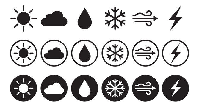 Weather icons depicting sun cloud rain snow wind and lightning in a vector style
