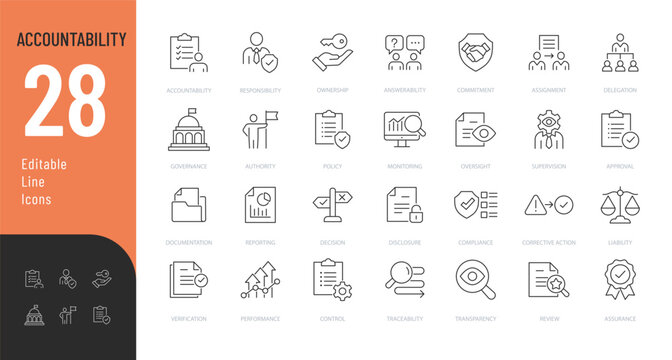 Accountability line editable icons set. Vector collection of 28 corporate responsibility, compliance, audit, governance and transparency outline symbols isolated on transparent background.